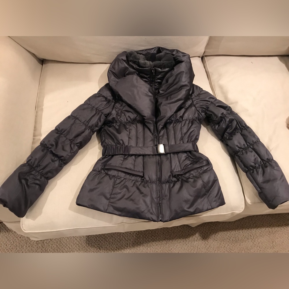 Slate Gray faux fur collar puffer jacket